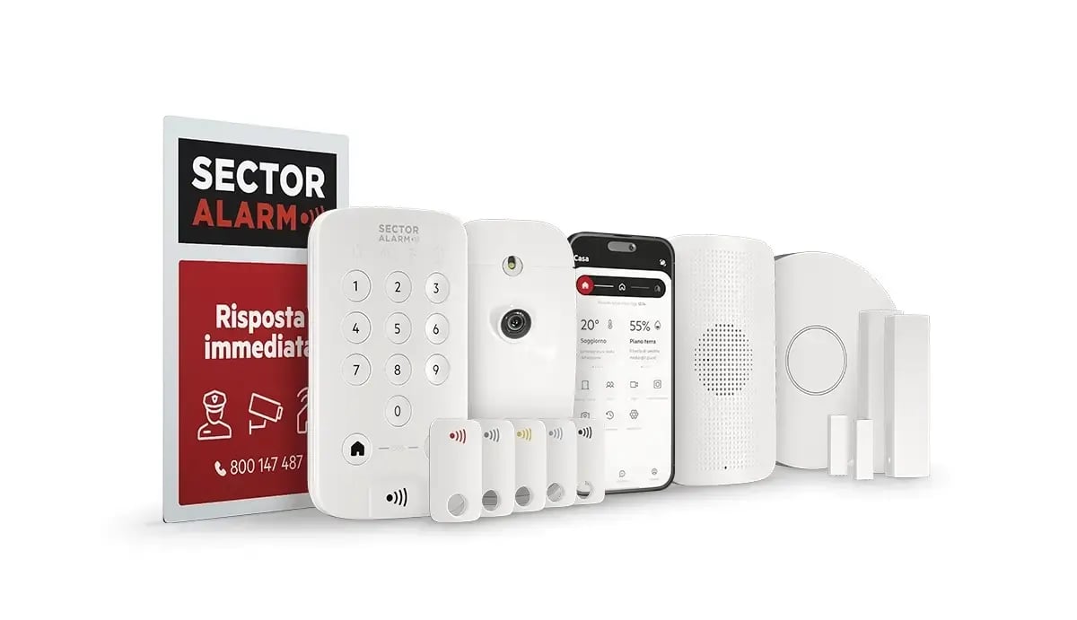 Kit completo del sistema d’allarme Sector Alarm per ville con pannello di controllo, rilevatori e app mobile Kit completo del sistema d’allarme Sector Alarm per ville con pannello di controllo, rilevatori e app mobile