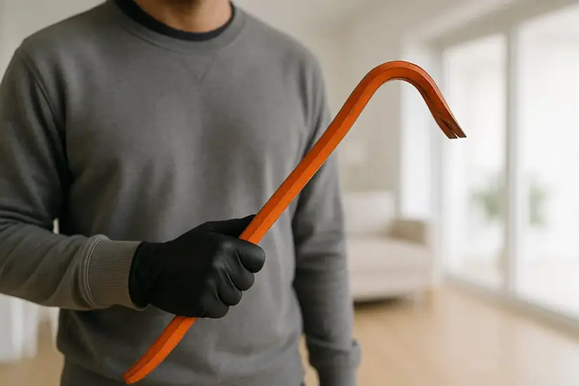 Primo piano di una mano guantata di nero che impugna un piede di porco arancione all’interno di una casa minimalista con ampia vetrata sul mare